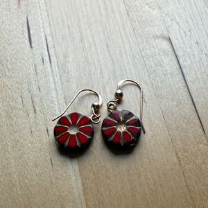Red and Gold Tone Floral Earrings
